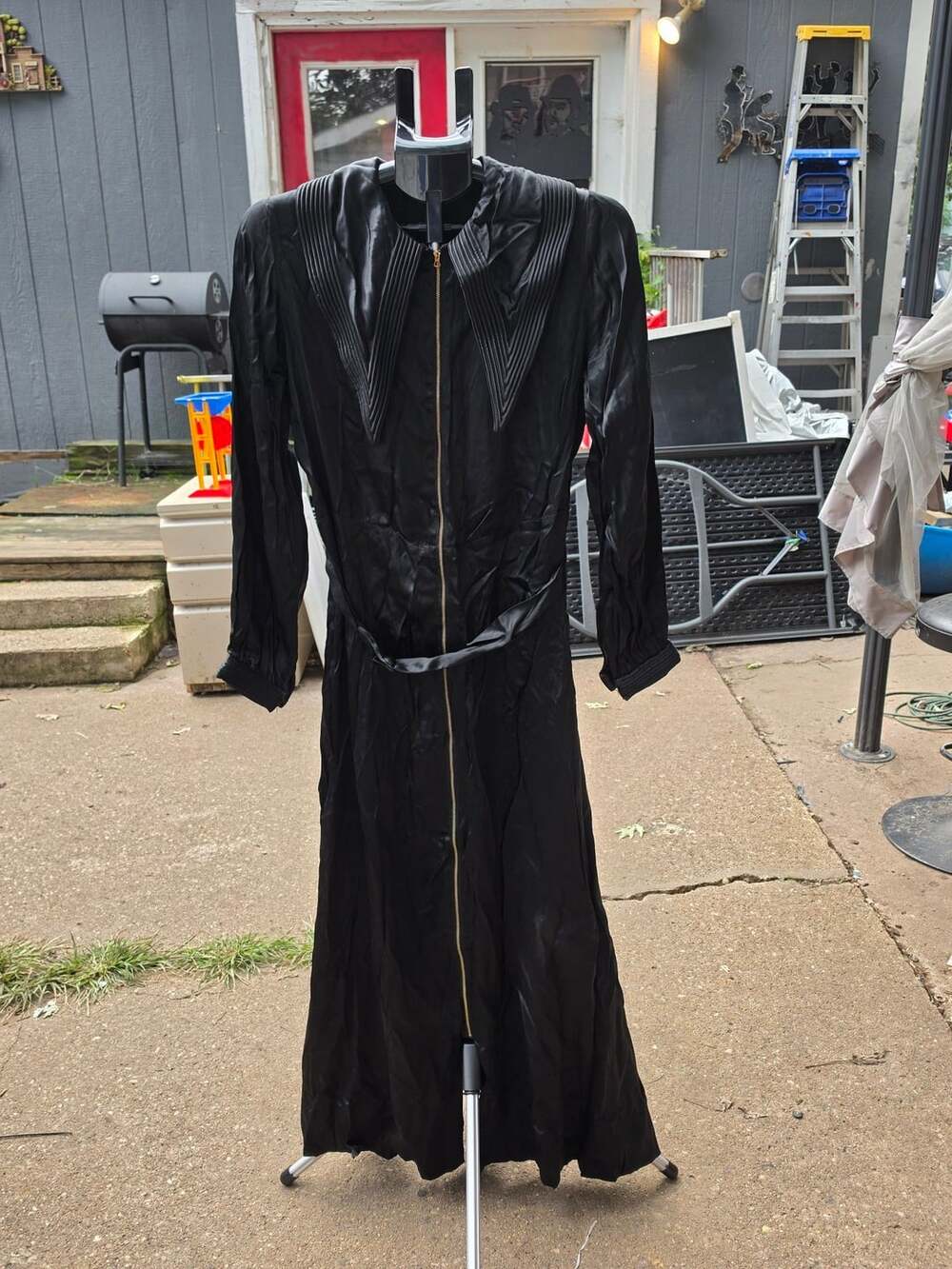 Vintage Black Satin Maxi Dress Long Sleeve Gown